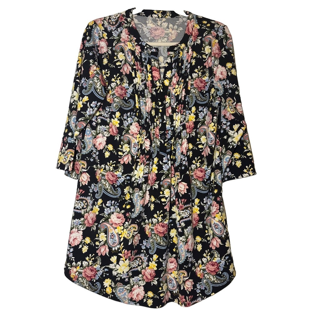 Serengeti Boho Dress Women Black Floral Paisley Excellent Pleated 3/4 Sleeve Med